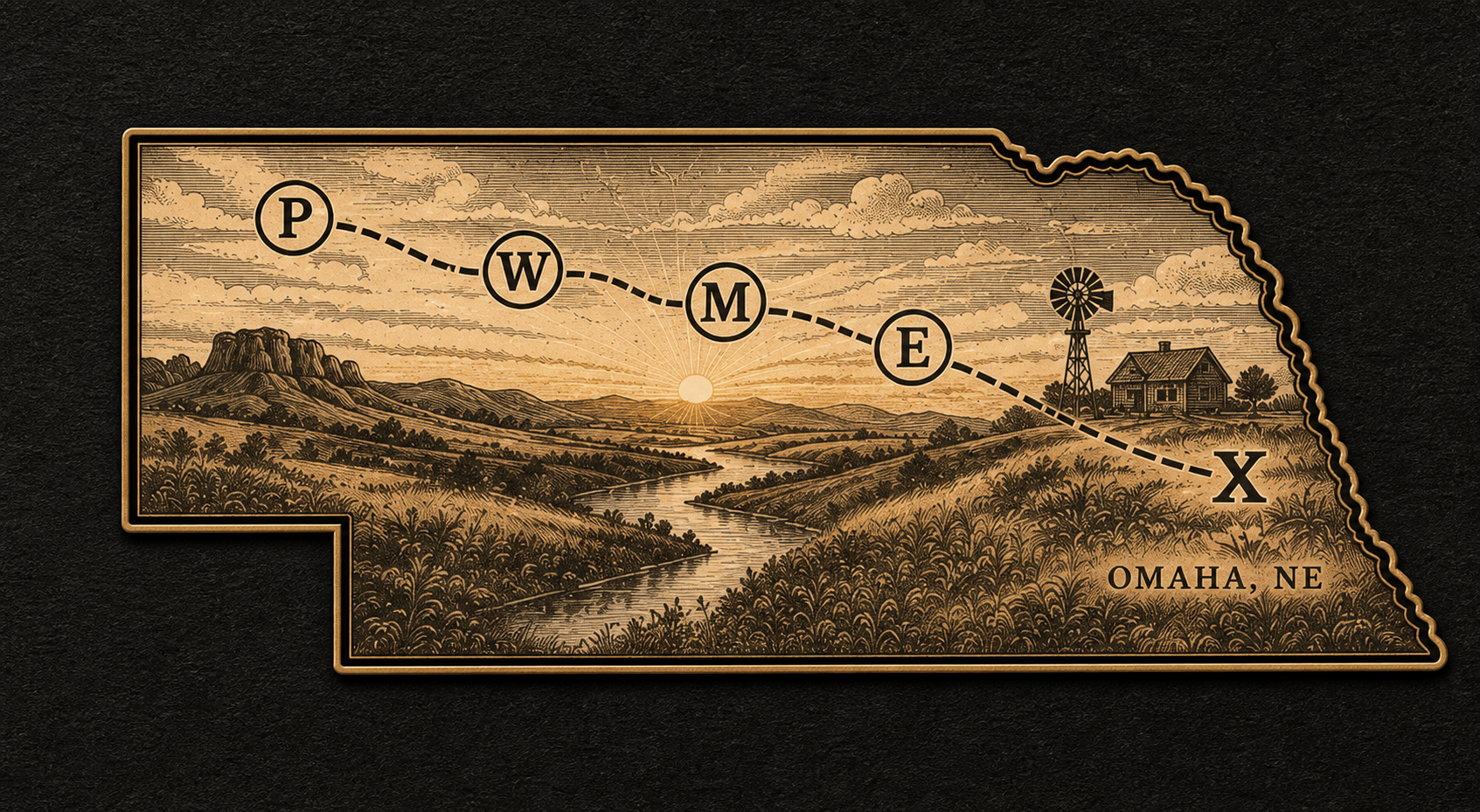 Engraved Nebraska landscape with the P, W, M, and E family trail ending at Omaha